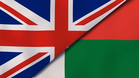 Two states flags of United Kingdom and Madagascar. High quality business background. 3d illustrationの写真素材