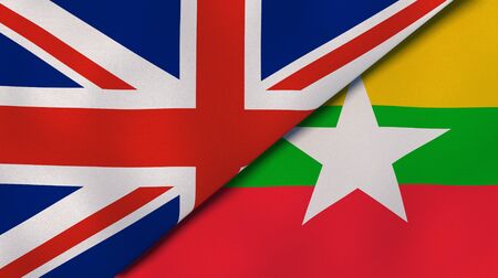 Two states flags of United Kingdom and Myanmar. High quality business background. 3d illustrationの写真素材