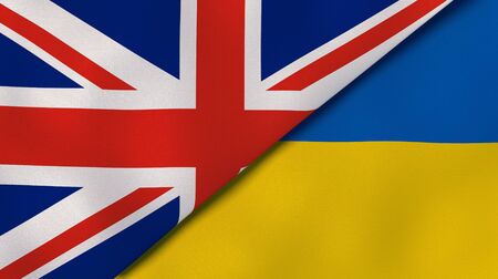 Two states flags of United Kingdom and Ukraine. High quality business background. 3d illustrationの写真素材