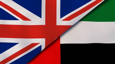 Two states flags of United Kingdom and United Arab Emirates. High quality business background. 3d illustrationの写真素材