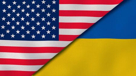 Two states flags of United States and Ukraine. High quality business background. 3d illustrationの写真素材