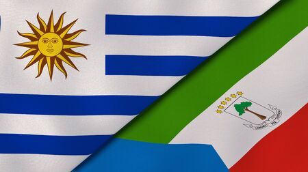Two states flags of Uruguay and Equatorial Guinea. High quality business background. 3d illustrationの写真素材