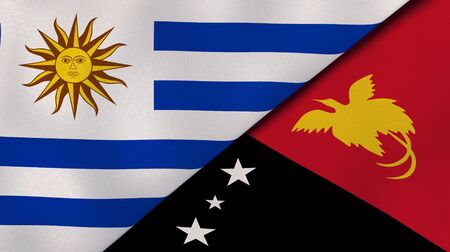 Two states flags of Uruguay and Papua New Guinea. High quality business background. 3d illustrationの写真素材