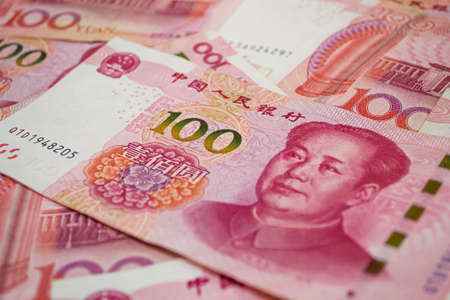 100 Chinese Renminbi banknotes background. China, Beijing.の写真素材