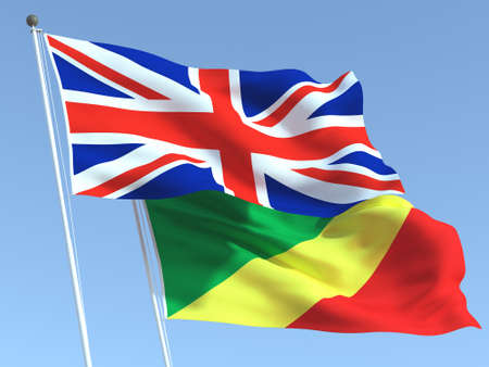 Two waving state flags of United Kingdom and Congo on the blue sky. High - quality business background. 3d illustrationの写真素材
