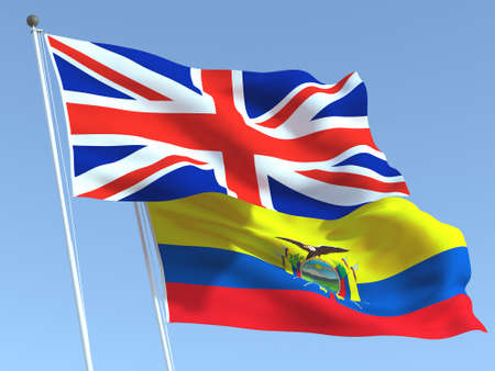 Two waving state flags of United Kingdom and Ecuador on the blue sky. High - quality business background. 3d illustrationの写真素材