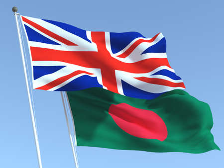Two waving state flags of United Kingdom and Bangladesh on the blue sky. High - quality business background. 3d illustrationの写真素材
