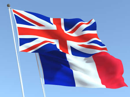 Two waving state flags of United Kingdom and France on the blue sky. High - quality business background. 3d illustrationの写真素材