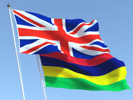 Two waving state flags of United Kingdom and Mauritius on the blue sky. High - quality business background. 3d illustrationの写真素材