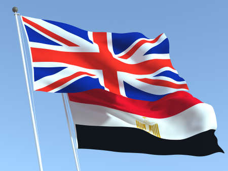 Two waving state flags of United Kingdom and Egypt on the blue sky. High - quality business background. 3d illustrationの写真素材