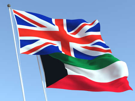 Two waving state flags of United Kingdom and Kuwait on the blue sky. High - quality business background. 3d illustrationの写真素材