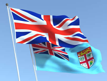 Two waving state flags of United Kingdom and Fiji on the blue sky. High - quality business background. 3d illustrationの写真素材