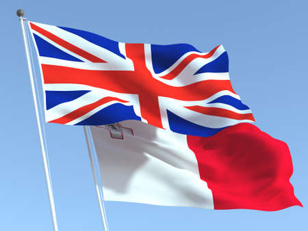 Two waving state flags of United Kingdom and Malta on the blue sky. High - quality business background. 3d illustrationの写真素材