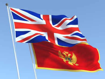 Two waving state flags of United Kingdom and Montenegro on the blue sky. High - quality business background. 3d illustrationの写真素材