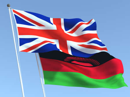 Two waving state flags of United Kingdom and Malawi on the blue sky. High - quality business background. 3d illustrationの写真素材