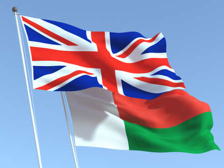 Two waving state flags of United Kingdom and Madagascar on the blue sky. High - quality business background. 3d illustrationの写真素材
