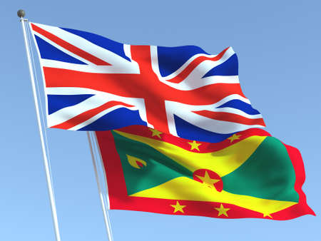 Two waving state flags of United Kingdom and Grenada on the blue sky. High - quality business background. 3d illustrationの写真素材