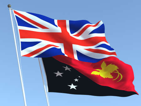 Two waving state flags of United Kingdom and Papua New Guinea on the blue sky. High - quality business background. 3d illustrationの写真素材