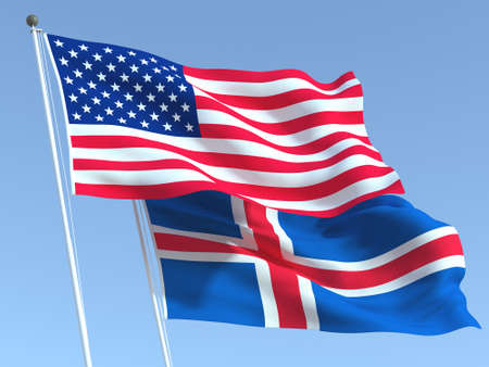 Two waving state flags of United States and Iceland on the blue sky. High - quality business background. 3d illustrationの写真素材