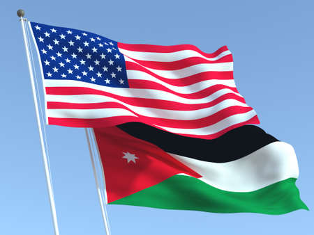 Two waving state flags of United States and Jordan on the blue sky. High - quality business background. 3d illustrationの写真素材