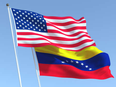 Two waving state flags of United States and Venezuela on the blue sky. High - quality business background. 3d illustrationの写真素材