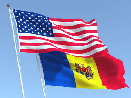 Two waving state flags of United States and Moldova on the blue sky. High - quality business background. 3d illustrationの写真素材