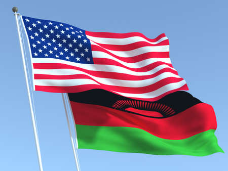 Two waving state flags of United States and Malawi on the blue sky. High - quality business background. 3d illustrationの写真素材