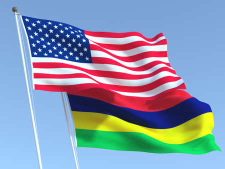 Two waving state flags of United States and Mauritius on the blue sky. High - quality business background. 3d illustrationの写真素材