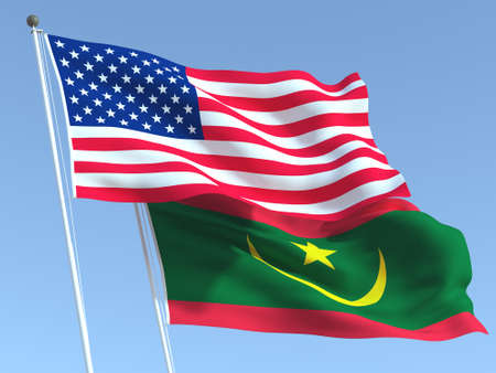 Two waving state flags of United States and Mauritania on the blue sky. High - quality business background. 3d illustrationの写真素材