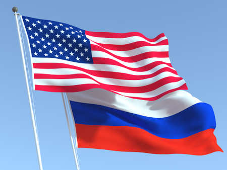 Two waving state flags of United States and Russia on the blue sky. High - quality business background. 3d illustrationの写真素材