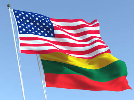 Two waving state flags of United States and Lithuania on the blue sky. High - quality business background. 3d illustrationの写真素材