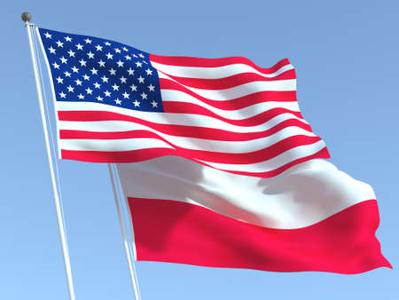 Two waving state flags of United States and Poland on the blue sky. High - quality business background. 3d illustrationの写真素材