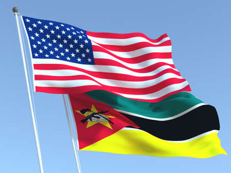 Two waving state flags of United States and Mozambique on the blue sky. High - quality business background. 3d illustrationの写真素材