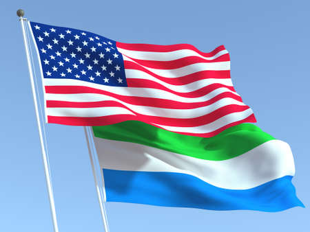Two waving state flags of United States and Sierra Leone on the blue sky. High - quality business background. 3d illustrationの写真素材