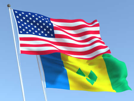 Two waving state flags of United States and Saint Vincent and Grenadines on the blue sky. High - quality business background. 3d illustrationの写真素材