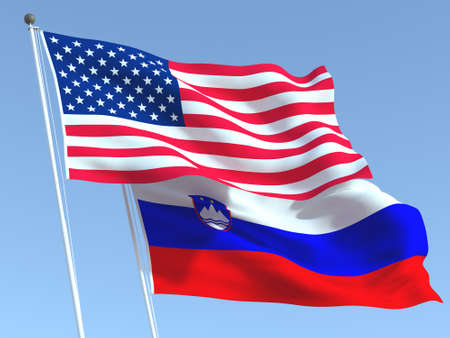 Two waving state flags of United States and Slovenia on the blue sky. High - quality business background. 3d illustrationの写真素材