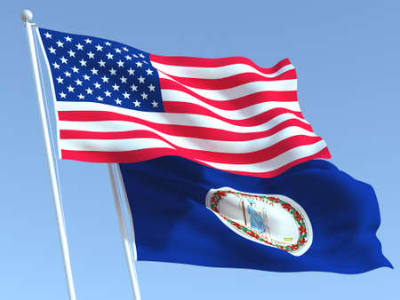 Two waving state flags of United States and Virginia state on the blue sky. High - quality business background. 3d illustrationの写真素材