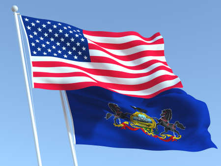 Two waving state flags of United States and Pennsylvania state on the blue sky. High - quality business background. 3d illustrationの写真素材