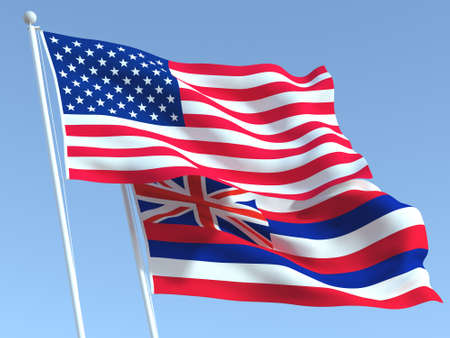 Two waving state flags of United States and Hawaii state on the blue sky. High - quality business background. 3d illustrationの写真素材