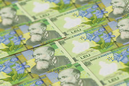 Money of Romania. Romanian leu bills. RON banknotes. 1 lei. Business, finance, news background.の写真素材