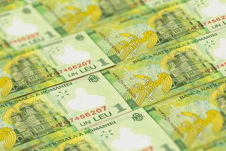 Money of Romania. Romanian leu bills. RON banknotes. 1 lei. Business, finance, news background.の写真素材