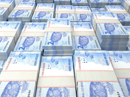 Money of Brazil. Brazilian real bills. BRL banknotes. 2 reals. Business, finance, news background.の写真素材