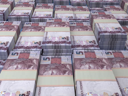 Money of Brazil. Brazilian real bills. BRL banknotes. 5 reals. Business, finance, news background.の写真素材