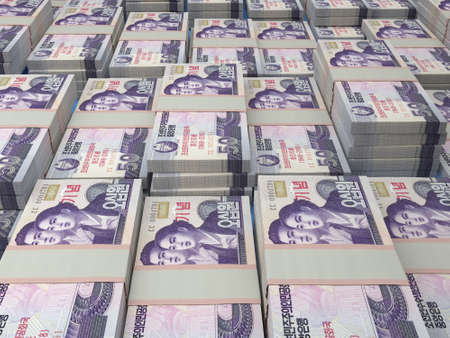 Money of North Korea. North Korean won bills. KPW banknotes. 50 won. Business, finance, news background.の写真素材