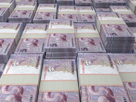 Money of Brazil. Brazilian real bills. BRL banknotes. 5 reals. Business, finance, news background.の写真素材
