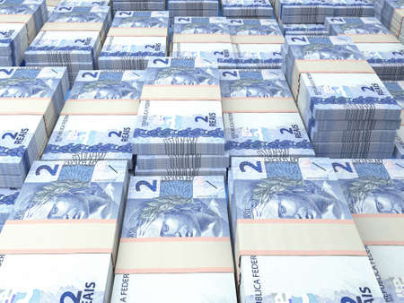 Money of Brazil. Brazilian real bills. BRL banknotes. 2 reals. Business, finance, news background.の写真素材