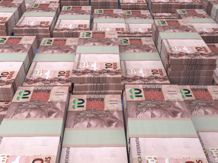 Money of Brazil. Brazilian real bills. BRL banknotes. 10 reals. Business, finance, news background.の写真素材