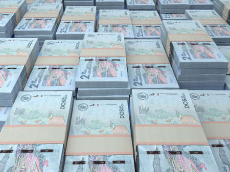 Money of Colombia. Colombian peso bills. COP banknotes. 2 pesos. Business, finance, news background.の写真素材