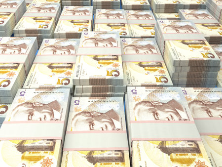 Money of Georgia. Georgian lari bills. GEL banknotes. 5 lari. Business, finance, news background.の写真素材