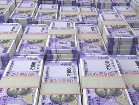 Money of India. Indian rupee bills. INR banknotes. 100 rupees. Business, finance, news background.の写真素材